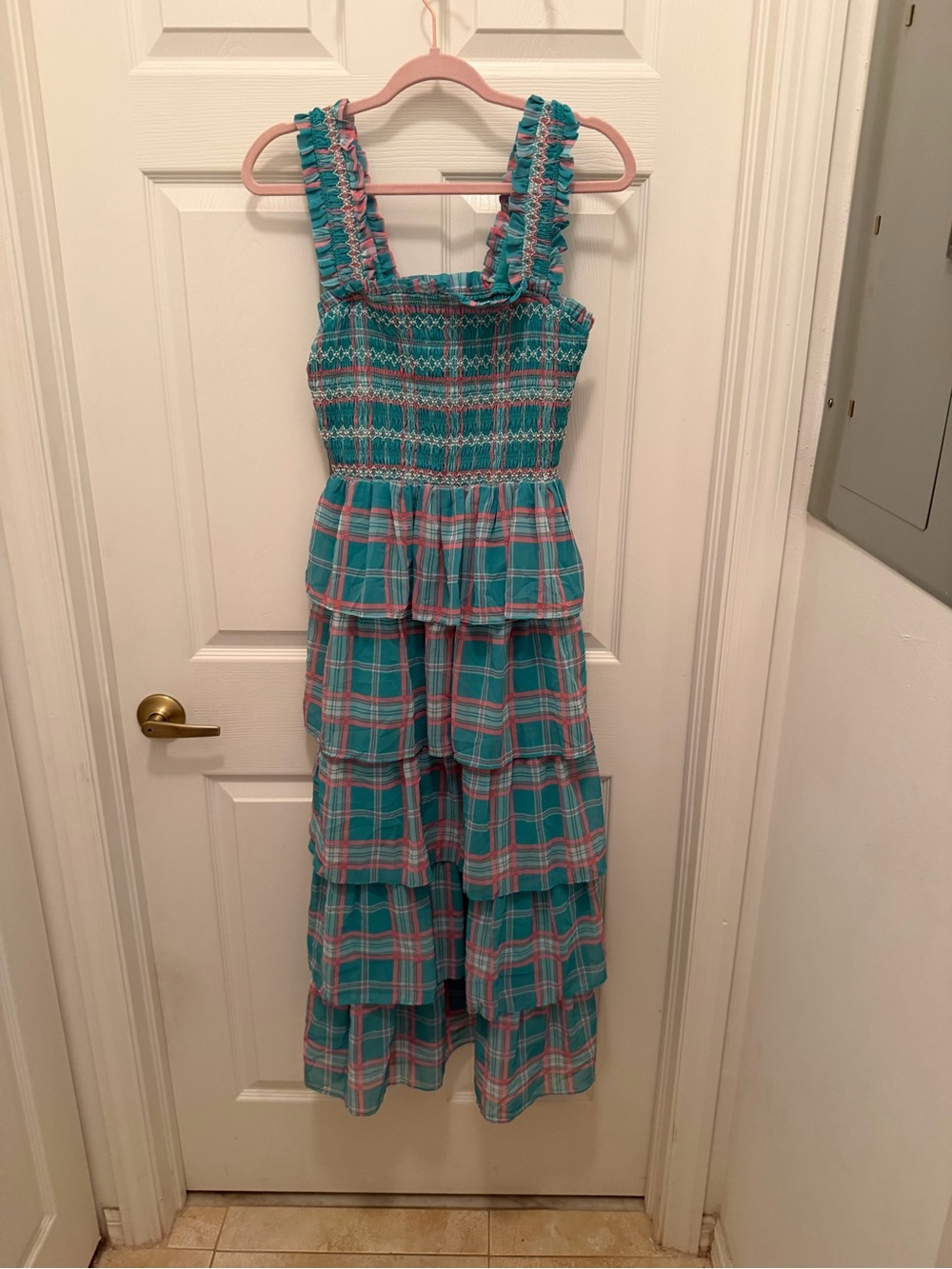 English Factory Teal Plaid Ruffled Tiered Maxi Dress with Pink Accents